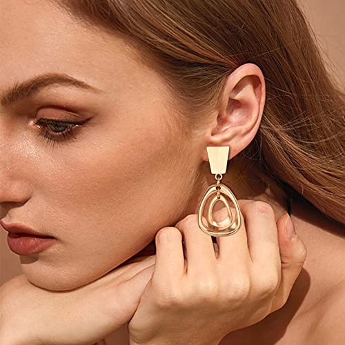 FIBO STEEL Gold Plated Clip on Earrings for Women Non Pierced Drop Dangle Clip on Earrings - Chunky Fashion Accessories Big Rectangle Geometric Statement Clip Earring Set2