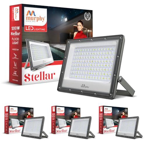 Image of Murphy Stellar 200W LED Flood Light with 2-Year Warranty | Cool White | High Brightness Outdoor LED for Security, Landscape, Warehouse, Backyard| IP66 Waterproof | BIS Approved - Pack of 4