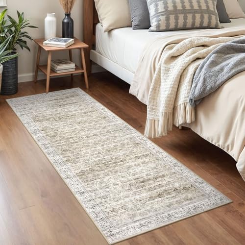 2x5 Washable Small Area Rug for Door mat Indoor, Beige Yellow White Soft Non-Slip Distressed Floral Low-Pile Kitchen Rugs, Neutral Vintage Carpet for Entrance Farmhouse