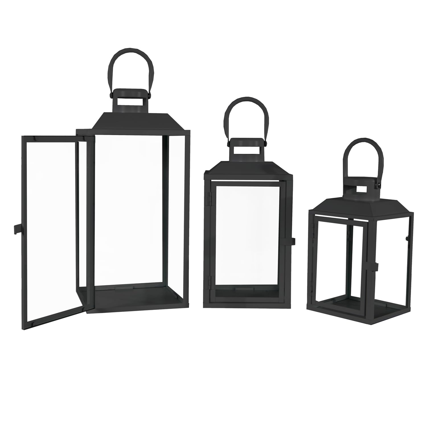 Set di 3 lanterne da giardino, lanterne in metallo, per esterni, in metallo, colore nero, altezza 24/33/41 cm