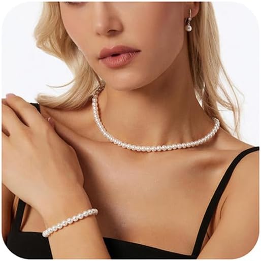 HERIER Gold Jewelry Set for Women - Dainty 14K Gold/Silver Plated Pearl Choker Necklace, Drop Earrings & Bracelets - Wedding Trendy Pearl Jewelry Gift