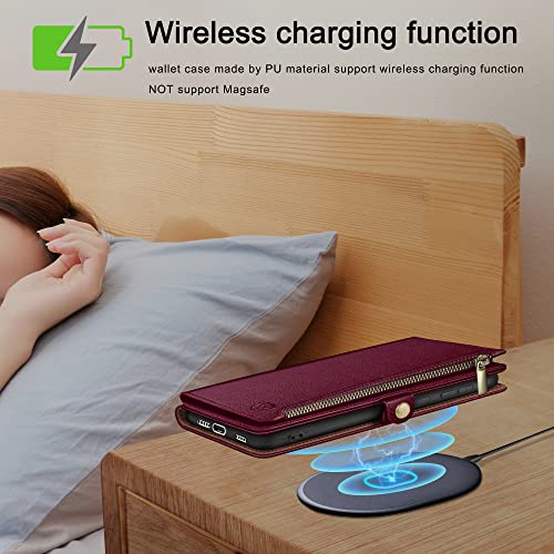 Image of XcaseBar for iPhone Xs Max 6.5 inch Wallet case with Zipper Credit Card Holder【RFID Blocking】, Flip Folio Book PU Leather Phone case Shockproof Cover Women Men for Apple XS Max 6.5 inch case Wine Red