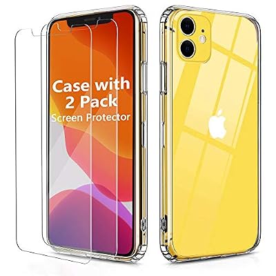 OULUOQI Compatible with iPhone 11 Case, Tempered Glass Screen Protector [2Pack] with Shockproof Clear Case for iPhone 11 6.1 inch