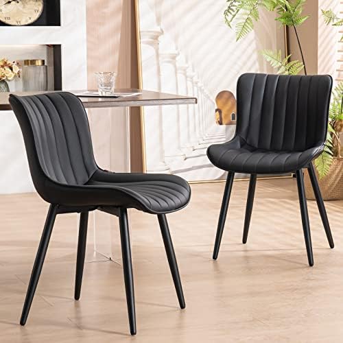 YOUNUOKE Dining Chairs Set of 2,Upholstered Mid Century Modern Chair Armless Faux Leather Accent Chairs with Backrest Metal Legs and Adjustable Feet for Kitchen Living Room Bedrooms,Black