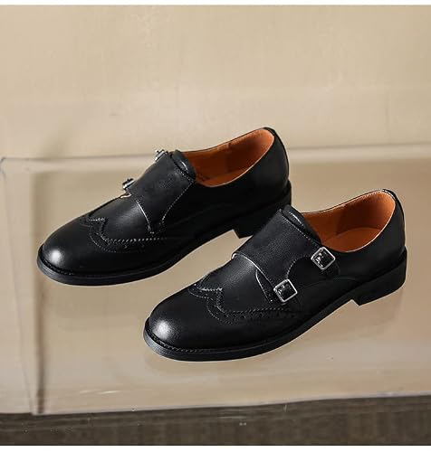 U-Lite Womens Monk Strap Shoes Sheepskin Perforated Fashion Buckle Vamp Brouge Oxfords Dress Shoes Black 8.5 #TOP1
