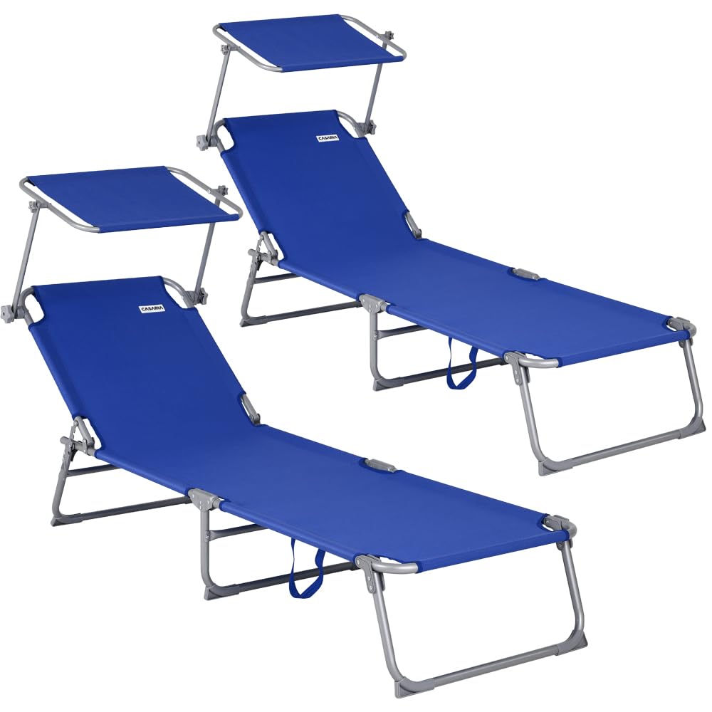 CASARIA® 2x Hawaii Beach Lounger | Foldable & UV-Resistant | 4-Way Adjustable | Sun Canopy | Garden Sun Lounger | 115kg Capacity | 195cm Length | Steel Frame | Blue