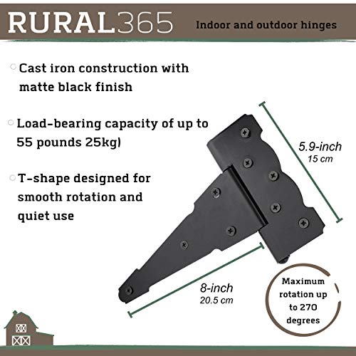 Rural365 Triangle Door Hinge 4Pk - Decorative 8 Inch T-Strap Farmhouse Style Door Hinges Matte Black Barn Door Hinges #TOP3