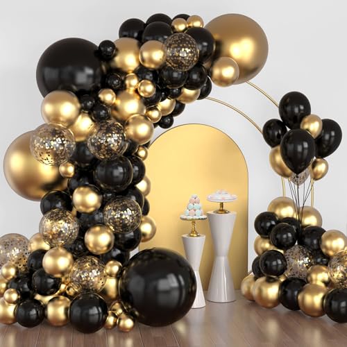 Image of Lukiituke Black and Gold Balloon Arch Kit, 114Pcs Gold and Black Balloons | 4 Size New Years Balloons for Birthday, Wedding, Graduation, New Years Decorations