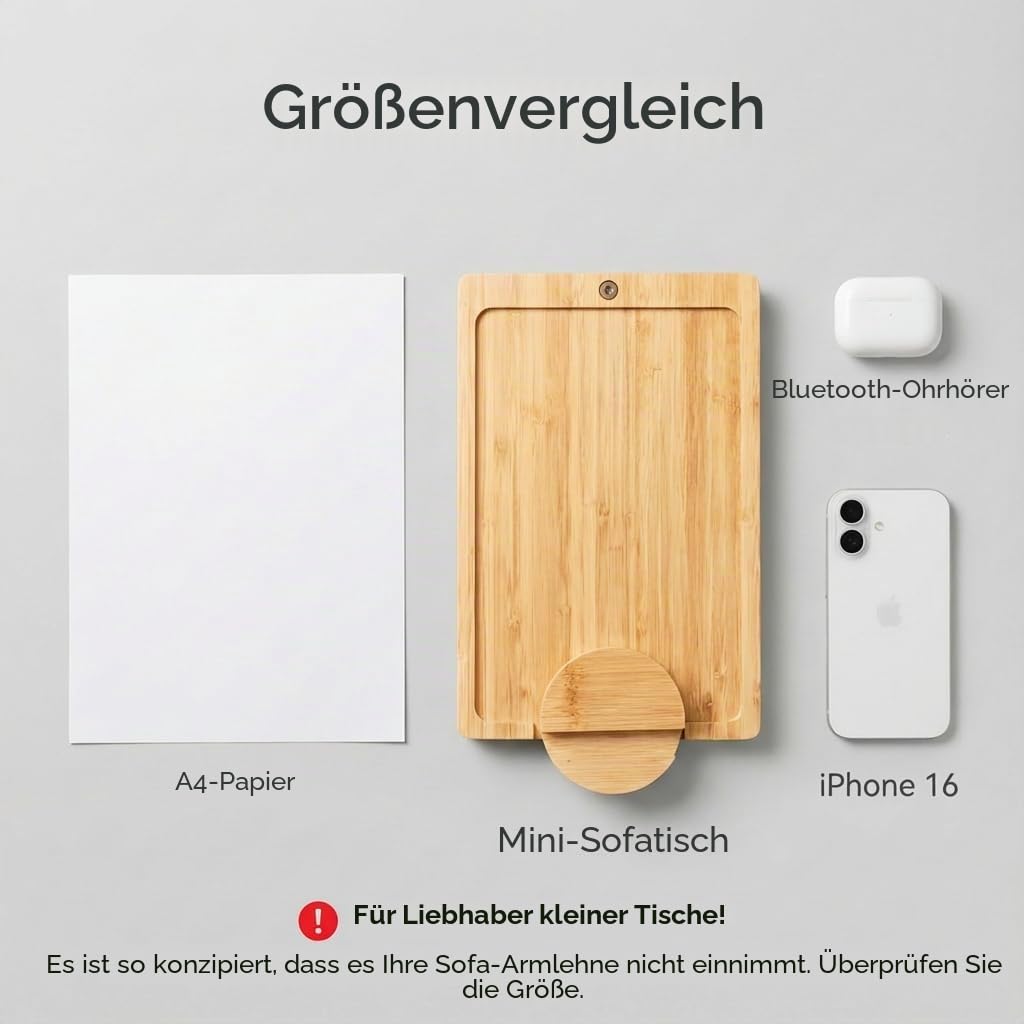 Wealone Mini Sofatablett, Couch Ablage für Armlehne mit Aufbewahrungsbox, Sofa Armlehnen Tablett, 360° Drehbarem Handyhalter, Bambus Tablett für Getränke, Snack, Armlehne ≤18 cm Breit