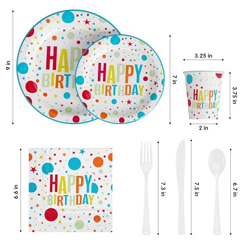 Image of Exquisite 350 Pcs Blue Happy Birthday Plates and Napkins Set, Blue Birthday Plates Set, 50 Of Each 9 inch Dinner Plate, 7 inch Dessert Plate, 12 oz Cups, Napkins & Cutlery Plastic Dinnerware Set