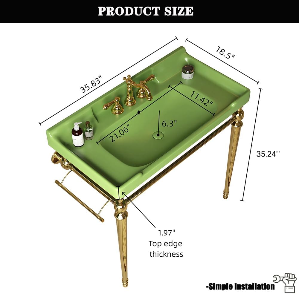 36" Bathroom Console Sink, Wall-Mounted Green Ceramic Vanity Basin with 3 Pre-drilled Faucet Holes, Freestanding Gold Stainless Steel Support Legs with Towel Bar, No Faucet - Rome, Green