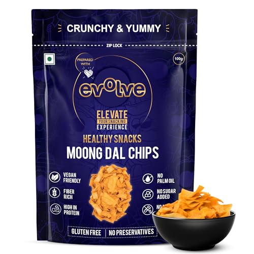 Image of Evolve Moong Dal Chips Healthy Snack for Adults | No Palm Oil, Gluten-Free & Preservative-Free, No Artificial Color or Sugar | Wholesome & Crunchy Snack | Millet Blend, Freshly Made - 100g