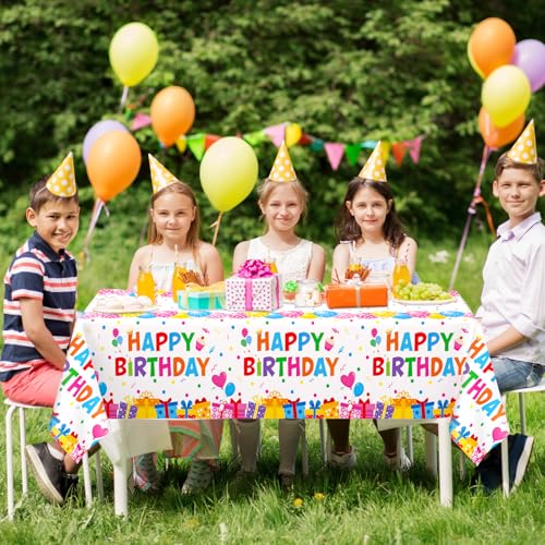 Image of WNINK 6 Pack Happy Birthday Plastic Tablecloths, 54x108 Inch Disposable Waterproof Birthday Party Table Covers, Colorful Polka Dot Rectangle Tablecloths for Kids Boys Girls Birthday Decorations
