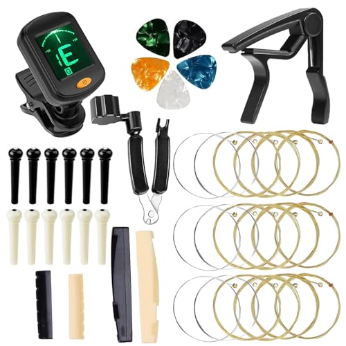 Image of IMAGINEA Acoustic Guitar Accessories Tool Kit Including 3 Guitar Strings, Tuner, Capo, 3 in1 Resetting Winder Tool, Bridge Pins, Guitar Nuts Saddle (Black and White) & 5 Picks