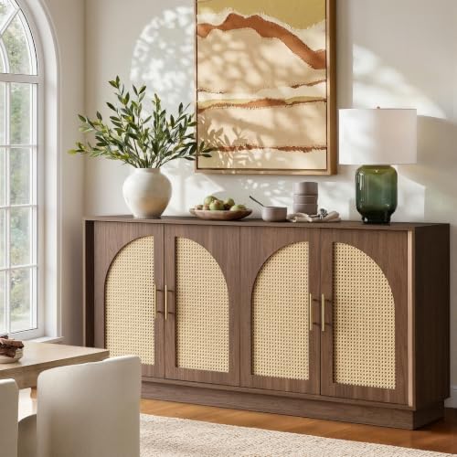 Image of FORTUNETEC Sideboard Buffet Cabinet with Storage | Accent Cabinet with Arched Doors, Boho Modular Media Console, Credenza for Living Room Kitchen Dining Room Entryway