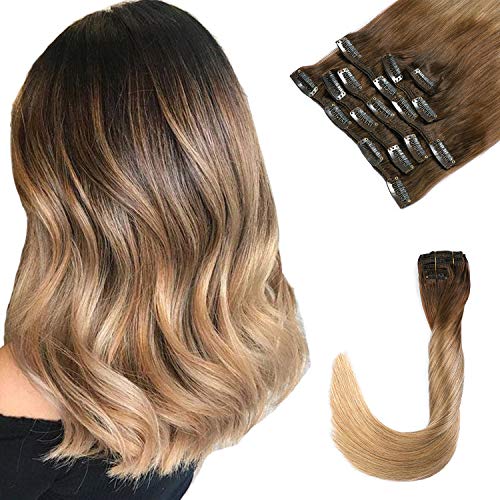 Brown Hair Clip in Extensions Ombre Color Human Hair Extensions Straight 18 Inch Double Weft Clip on Extensions for Women Dark Brown to Chestnut Brown and Ash Brown