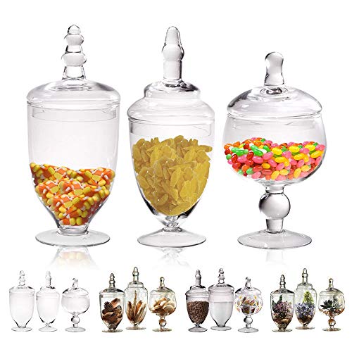 Small Glass Apothecary Jars with Lids, 3-PC Kitchen Canisters 8/9/11-inch , Bathroom Organizers, Decorative Storage Containers For Cookie & Candy Buffet, Home, Party & Wedding Centerpiece, Gift Idea