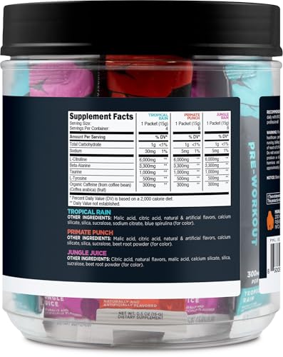 Image of Primal PRE Pre-Workout Variety Pack, Tropical Rain + Primate Punch + Jungle Juice Flavored (20 Stickpacks) - 300mg Caffeine Per Serving