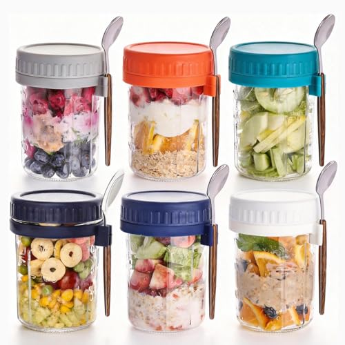 Ayemol 6 Pack Overnight Oats Containers with Lids and Spoons, 16 OZ Glass Oatmeal Container With Measurement Marks for Chia Pudding, Yogurt, Breakfast, Airtight Leak Proof, Clear