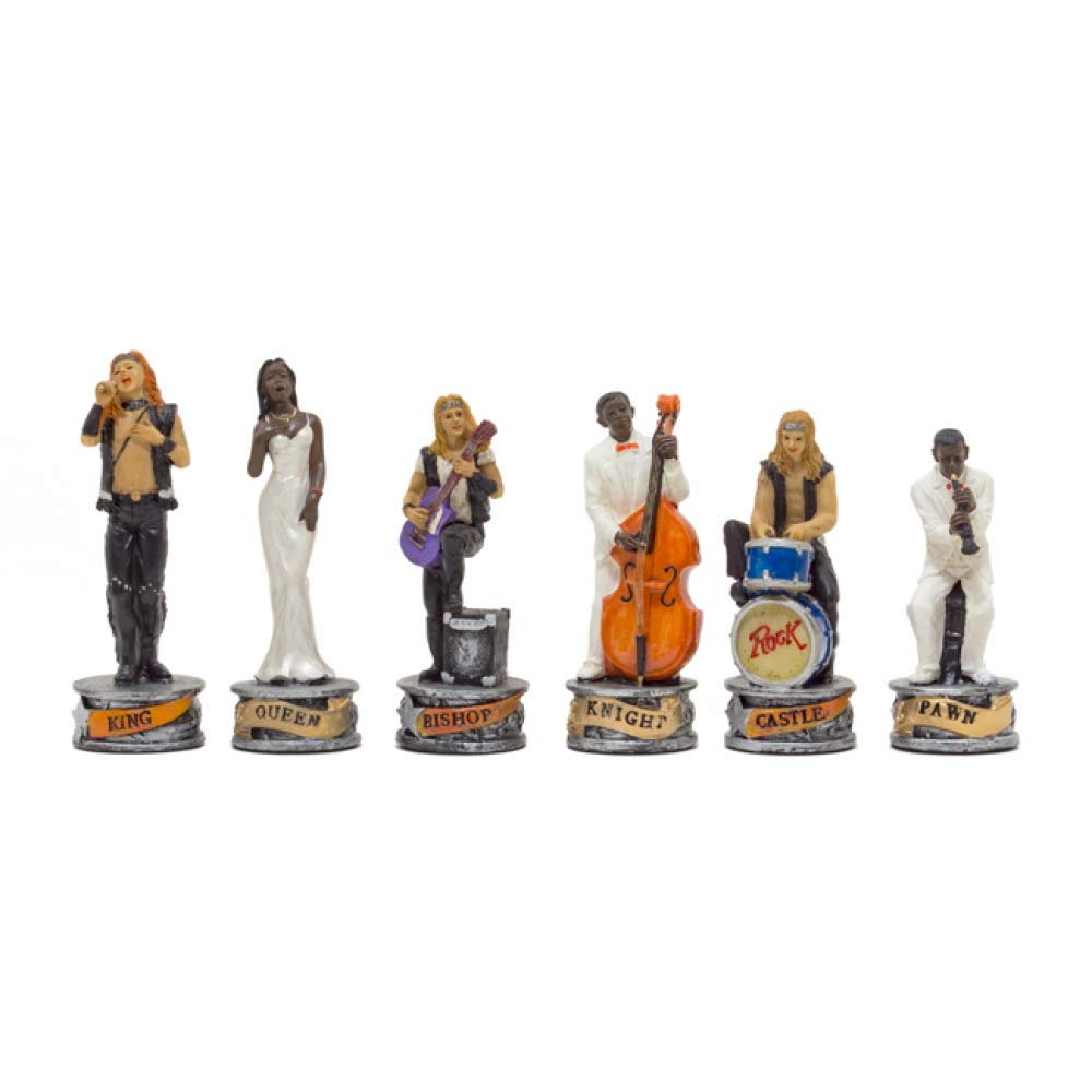 The Jazz Band Vs Rock Stars Hand painted themed chess pieces by Italfama