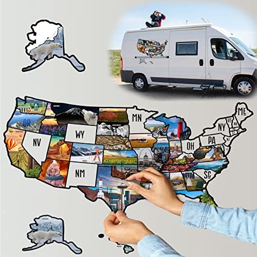 RV United States Travel Sticker & Visited Map，Travel Trailer Camper Accessorie for Travel Trailers，50 State Car Bumper Stickers with Scenic Illustrations - Include White Background & State Decals