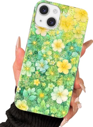I-MGAE-IN-AR Compact Case for iPhone 14 Case Green Flower Design,Holographic Glossy Cute iPhone 13 Phone Case for Aesthetic Floral ，Shockproof Military-Grade Protection