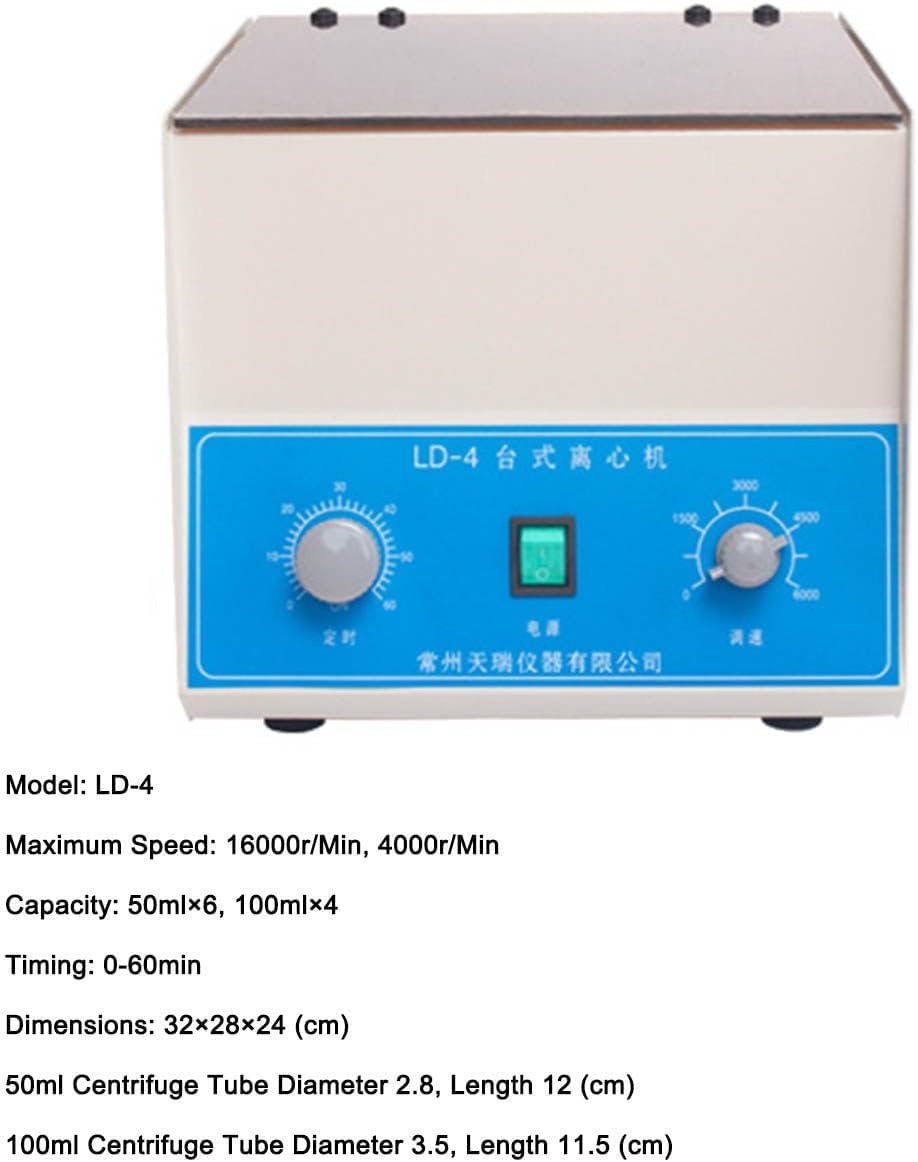 Elektrische Labor-Zentrifuge, niedrige Drehzahl, 4000 U/min, mit Timer (0–60 min) und Geschwindigkeitsregelung, 100 ml Fassungsvermögen, 4 Röhren