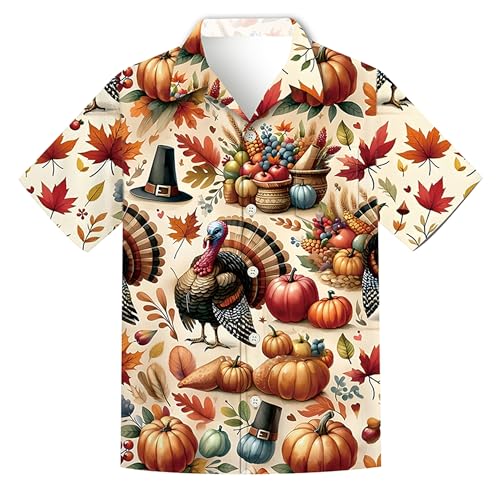 SightYoung Thanksgiving Shirts for Men Thanksgiving Hawaiian Shirt Men Turkey Button Short Sleeved Shirt Cream L