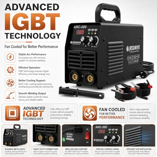 Image of Eastman EAWSI-200 Arc Welding Machine | 200A Inverter Welder with Advanced IGBT Technology | Lightweight 4kg Fan-Cooled Welder Set with Cables, Mask & Brush