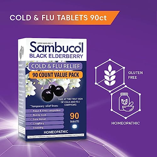 Sambucol Cold And Flu Relief Tablets - Homeopathic Cold Medicine, Nasal & Sinus Congestion Relief, Use For Runny Nose, Sore Throat, Coughing, Cold Remedy For Adults - Black Elderberry, 90 Count #TOP1