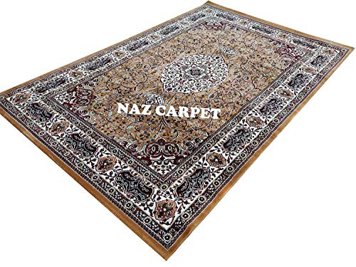Image of Kashmiri Traditional Woollen Carpet with Advanced 1 Inch Thickness & Classical Look 180x275cm (6x9 Feet) Color Gold