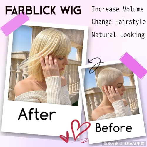 Image of Farblick 613 Bob Wig Human Hair With Bangs Wear and go Glueless Wig Human Hair 12inch Straight Wig 180% Density Blonde wig with bangs for Women