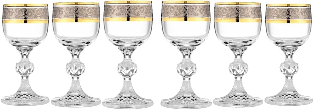 Crystalex Bohemia 1.75 oz, Claudia Exclusive, Cherry, Liqueur Glasses, Gold Rim, Set of 6, Cristallin Glass, Drinkware