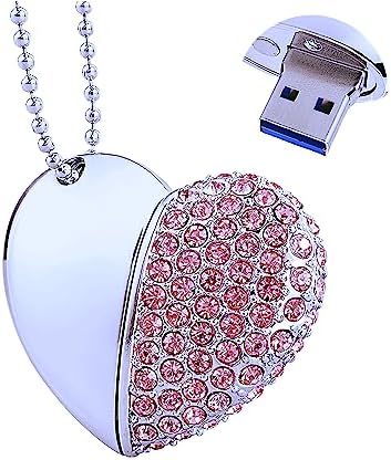 EcooDisk 64GB USB 3.0 Flash Drive Diamond Heart with Necklace Memory Stick High Speed Data Storage Pink