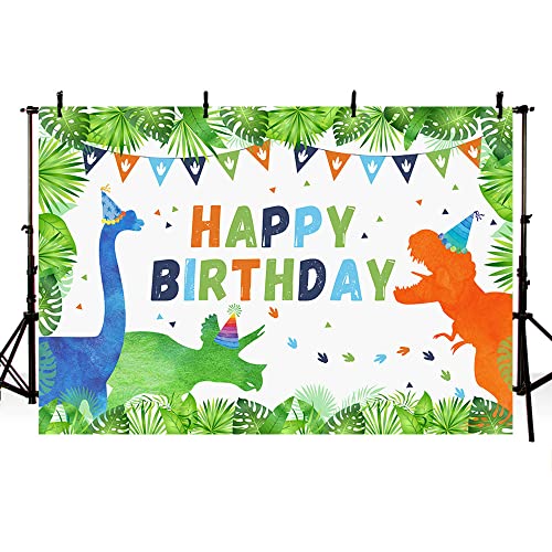 AIBIIN Fondo de cumpleaños con temática de Dinosaurio de 2,1 x 1,5 m para fotografía,niño,Safari,Selva,Hojas Verdes,Banderas Coloridas,Fondo de Estudio fotográfico,Pancarta de Fiesta de cumpleaños
