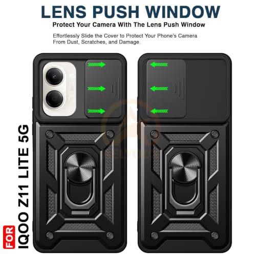 Image of Armor Bumper Back Cover Case for iQOO Z11 Lite 44W 5G Rotating Camera Cover, Ring Holder & Kickstand | Heavy Duty & 360 Degree Protection Back Cover for iQOO Z11 Lite 44W 5G (Black)