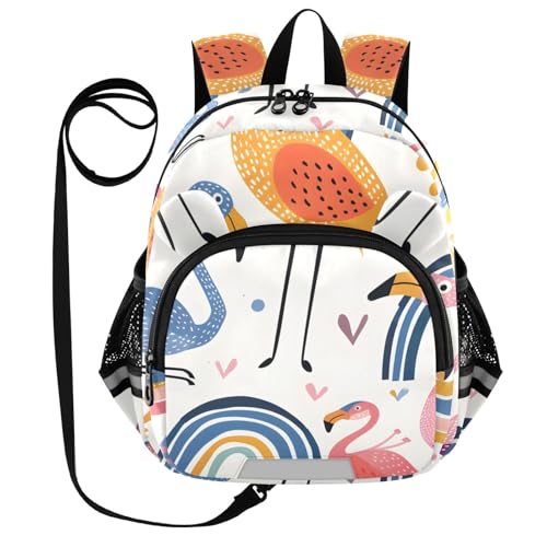Kid's Backpack for Boys & Girls Toddler Bag Rainbow Bridge and Flamingos Backpack with Safety Leash