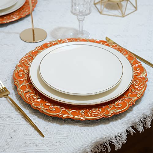 Umisriro Antique Charger Plates With Gold Rim,13 Inch Orange Dinner Plate Chargers Round Server Ware.set Of 6 Plastic Embossed Charger For Dinner, Party, Wedding, Elegant Tableware Decoration(Orange) #TOP2