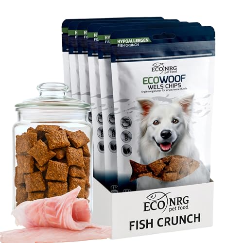ECO WOOF Fisch Hundeleckerli - 100% Wels Chips - 750 g - Hypoallergen - Single-Protein - Getreidefrei - Hunde Snack mit Omega 3 & Kollagen - Ideal für empfindliche Hunde - Gesunde Trainingsleckerli