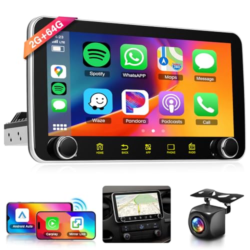 4 Core+64G Android Single Din Car Stereo with Wireless Carplay Android Auto,Hodozzy 10.36" HD IPS 360-Degree Rotating Touchscreen 1 Din Android Car Radio GPS Wifi Bluetooth EQ SWC Backup Camera