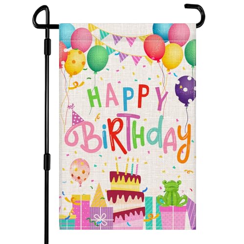 Happy Birthday Garden Flag 12 x 18 Inch Colorful Balloon Birthday Cake Gift Small Burlap Garden Flags Party Decorations Supplies for Porch Patio Lawn Farmhouse Decoration