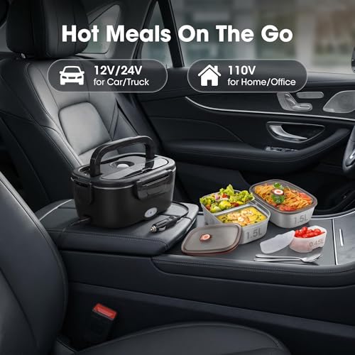 Image of Electric Lunch Box for Adults - 80W Fast Heating, Dual 1.5L 304 Stainless Steel Containers, 12V /24V /110V Portable Food Warmer with Leak-Proof Design for Car, Truck, Office & Travel