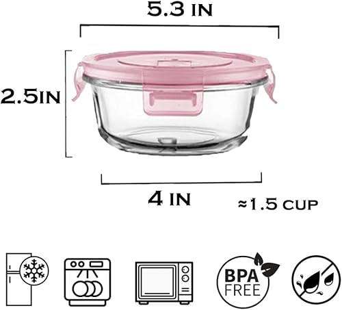 Miniatura 2 de Paquete de 4 recipientes de vidrio para almacenamiento de alimentos con tapas, recipientes redondos de 1.5 tazas de vidrio para preparación de