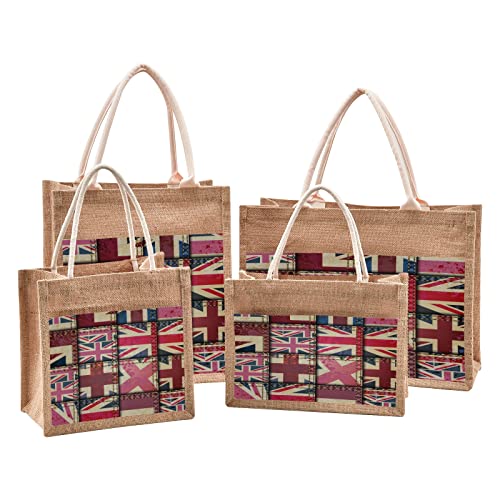 Mnsruu Sac fourre-tout vintage en toile de jute avec poignées Motif drapeau britannique Union Jack 32 x 42,9 x 18 cm