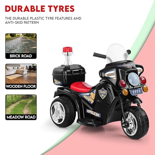 Image of BabyGo Electric Bike for Kids | Police Bike | Music | LED Lights | Storage Box | Rechargeable 6V Battery, 60+ Minutes Playtime | Ride on Bike for Boys and Girls 1-4years | Black