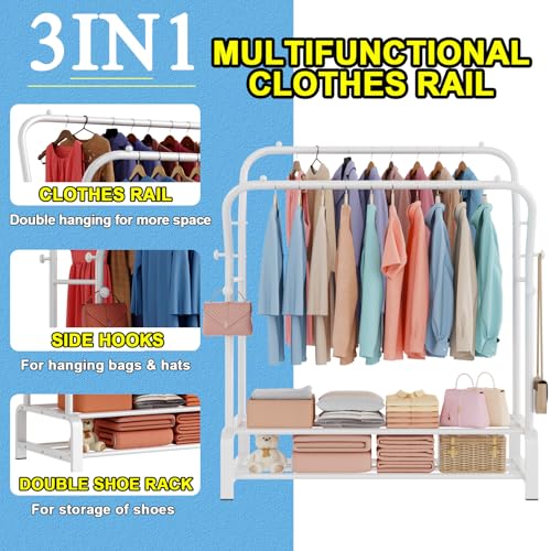 SMILOVII kleiderständer Stabil, Freistehender Doppelruten klamotten ständer mit 8 Haken und 2 Schuhregal metall, Multifunktional kleiderstange, Perfekte Jackenständer fürs Schlafzimmer – Weiß