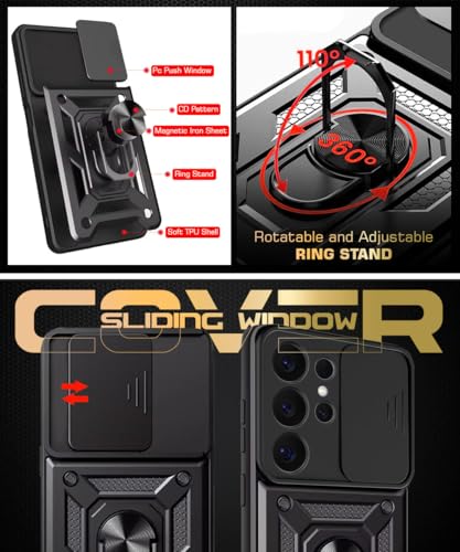 Image of WOW IMAGINE Tough Armor Bumper Mobile Back Case for Samsung Galaxy S26 Ultra 5G 2026 | Sliding Camera Cover | Shock Proof 360 Protection | Hybrid PC + TPU | Ring Holder with Kickstand - Black