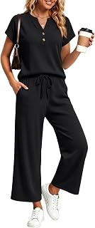 LILLUSORY Women's 2 Piece Lounge Travel Outfit | Soft Breathable Lyocell Henley T Shirt and Wide Leg Pant Sets
