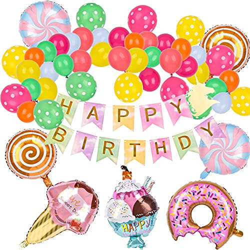 Pancarta de feliz cumpleaños con globos, kit de arco de guirnalda pancarta de crecimiento de rosquilla globo de látex decoraciones de fiesta de cumpleaños de rosquilla para niñas niños y mujeres Cover