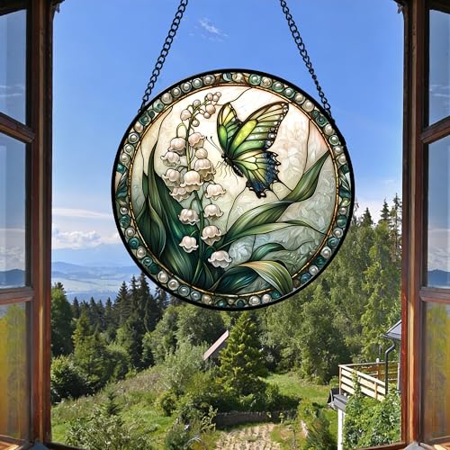 Image of DASTOLL Stained Glass Window Hanging, Lily of the Valley Flower Butterfly Suncatcher for Doors Home Sun Catchers Decoration and Christmas, Mother's Day Birthday Gifts for Women, Men, Mom 7.8 in
